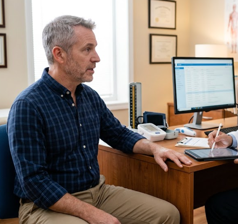A middle-aged man speaks with a doctor during a medical consultation.
