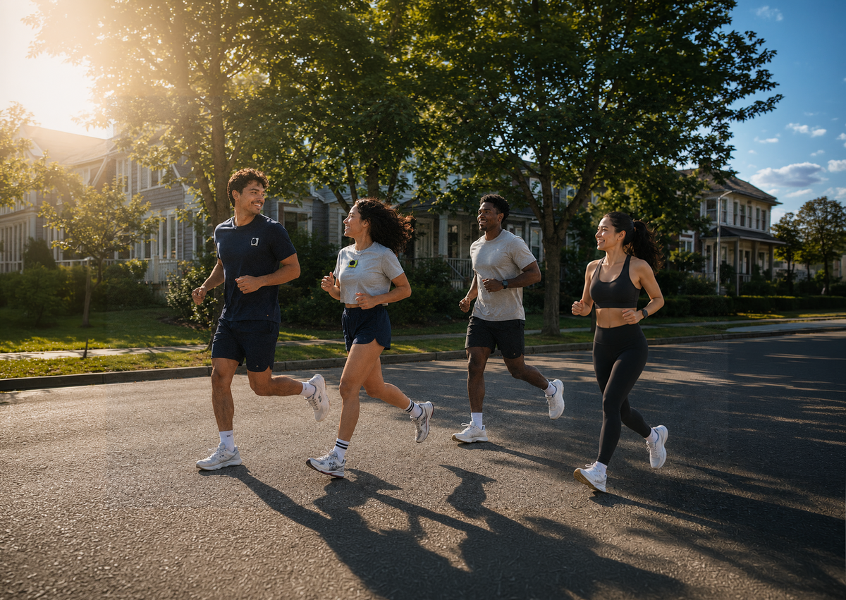 Four friends jog through a sunny neighborhood while one runner wears a Looki L1.