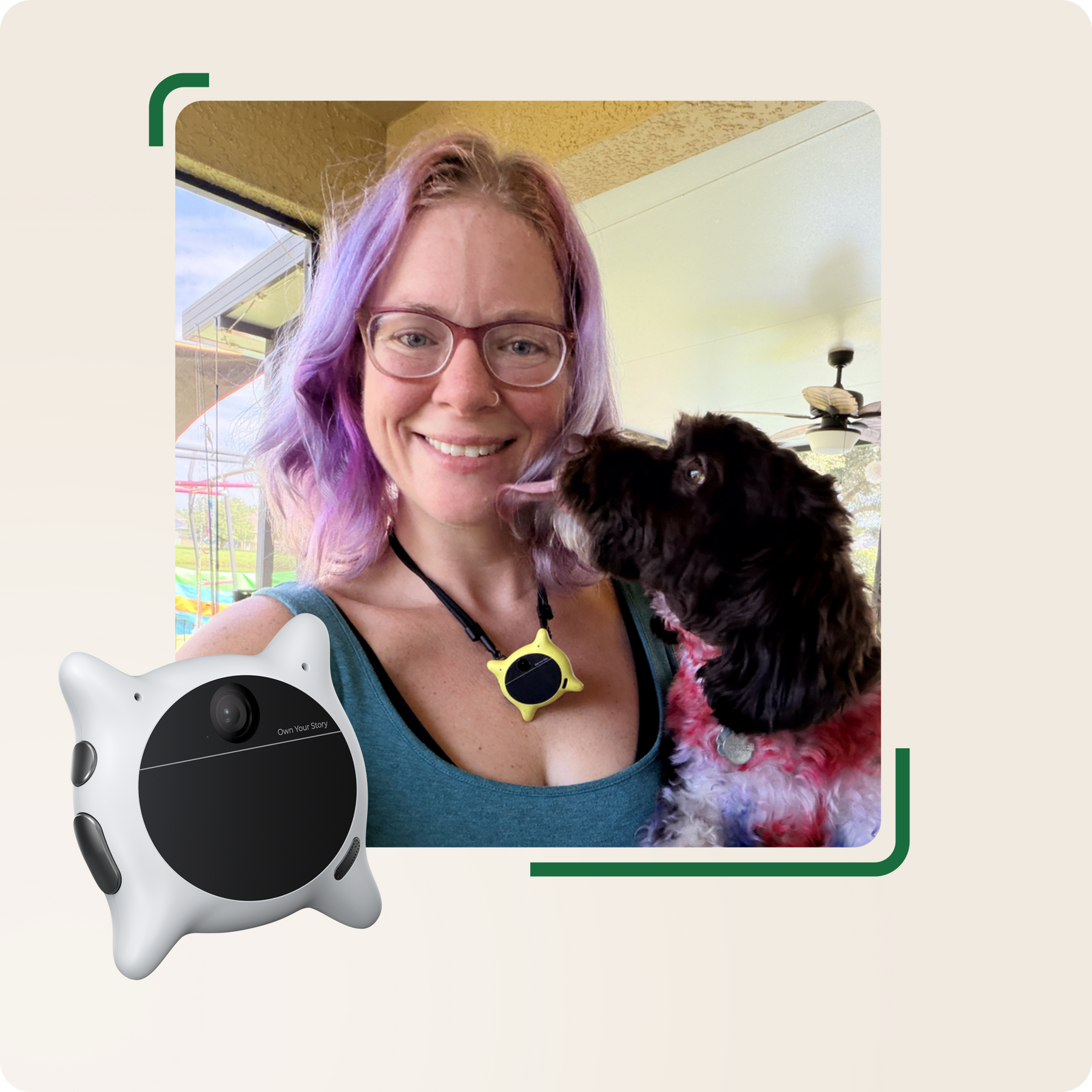 Aryn holding her dog with a white Looki L1 camera displayed in the foreground.