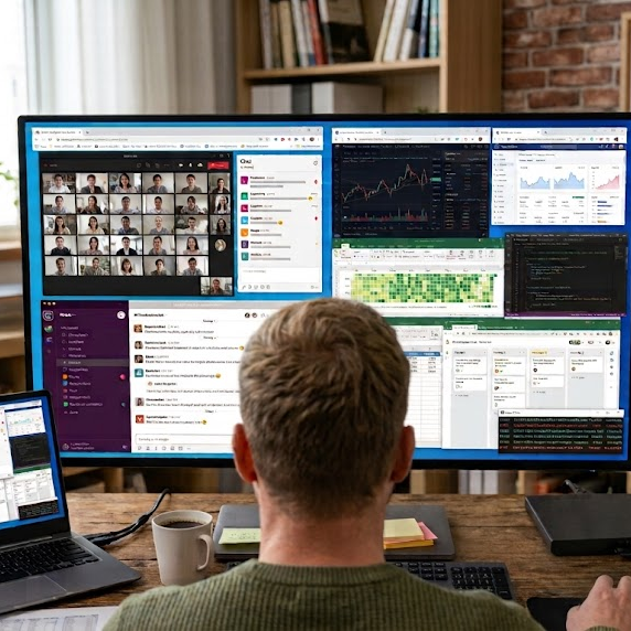 Busy professional working across multiple screens, messages, and sticky-note reminders.
