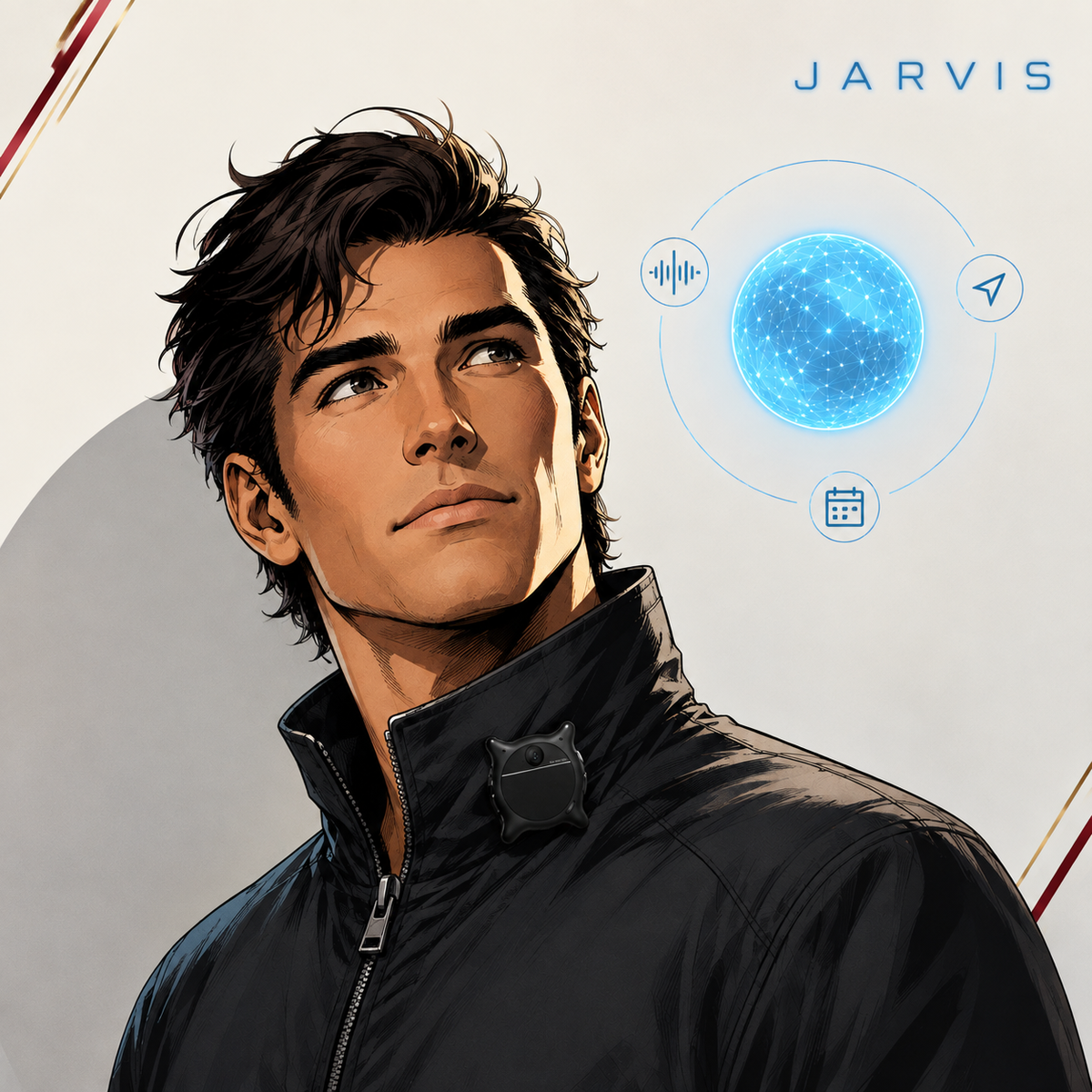 An illustrated character wearing a black Looki L1 looks toward a glowing blue JARVIS interface on a clean, minimal background.