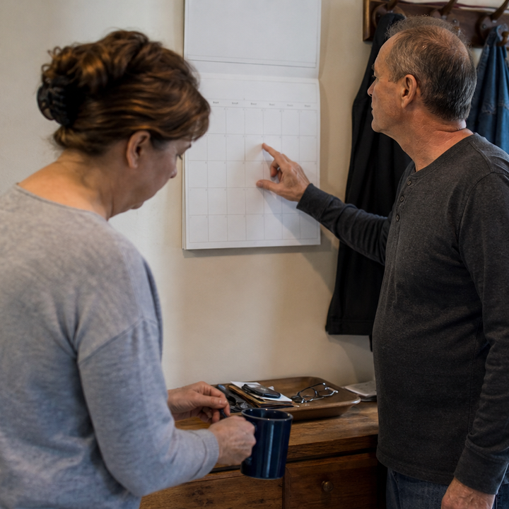 Older couple using a wall calendar to keep track of everyday plans.