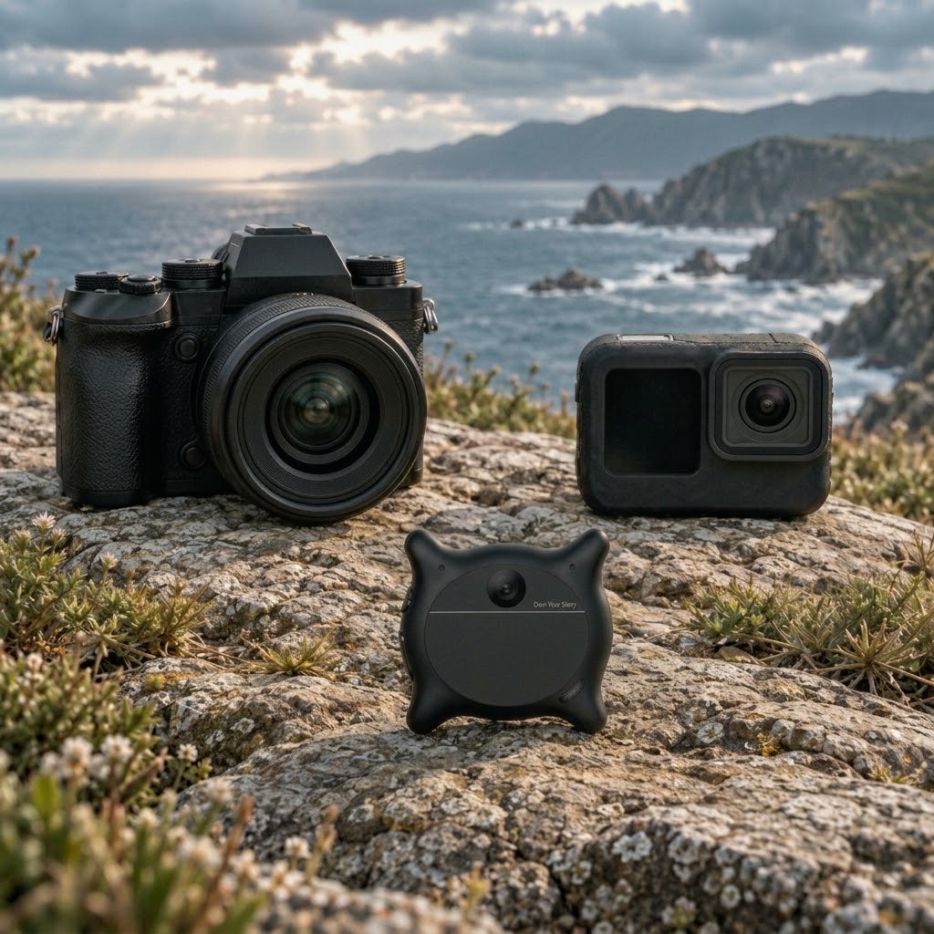 A digital camera, action camera, and black Looki L1 displayed on a rocky coastal overlook.